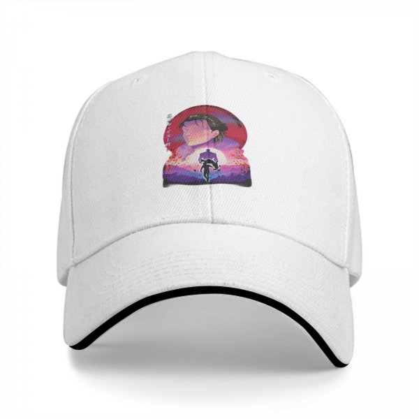 Black baseball cap with anime sunset graphic print