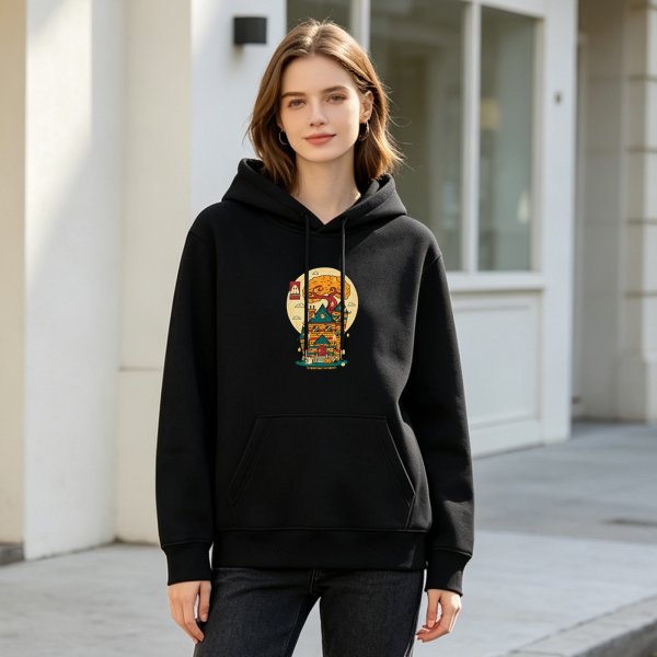 Black Hoodie With Whimsical Haunted House And Full Moon Artwork