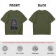 Olive green t-shirt with retro robot monster city attack graphic