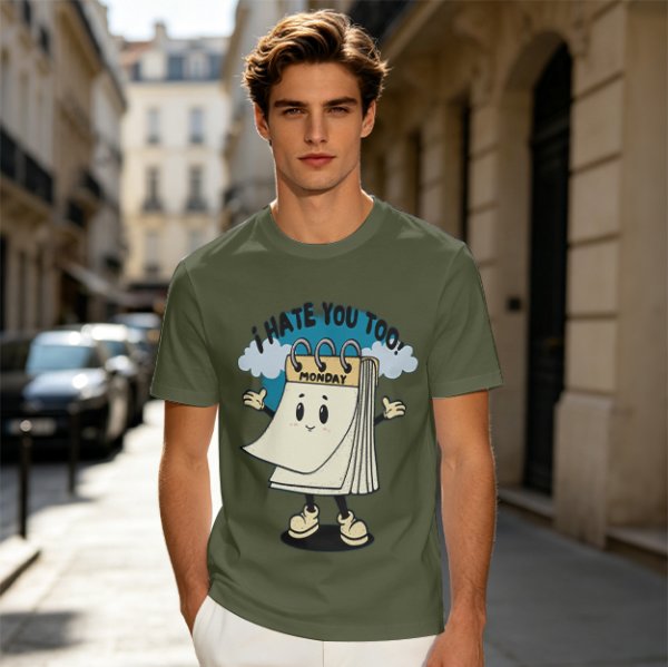 Olive t-shirt with cartoon Monday calendar graphic and 'I HATE YOU TOO' text