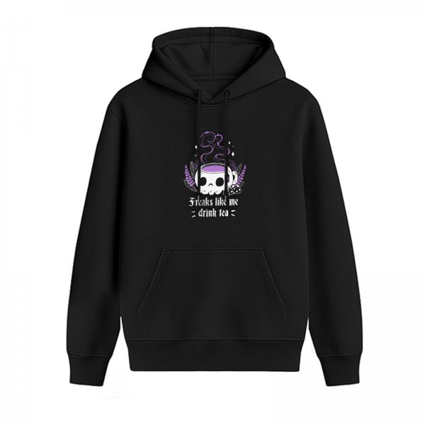 Black hoodie with skull tea cup graphic and 'Freaks like me drink tea' text