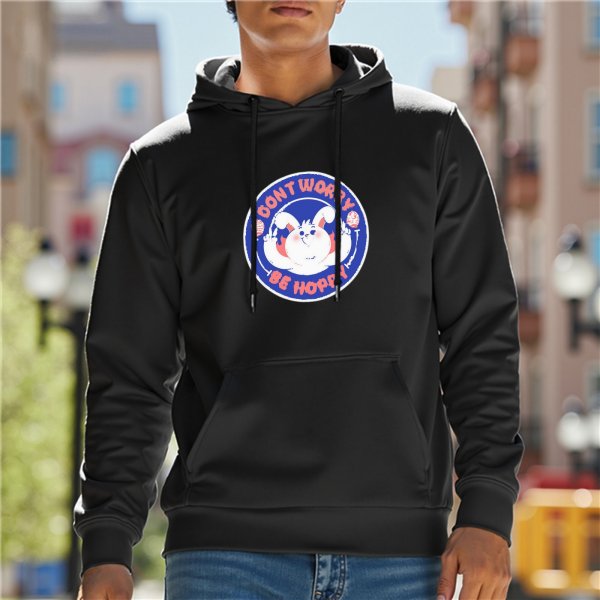 Black hoodie with 'Don't Worry Be Hoppy' bunny graphic