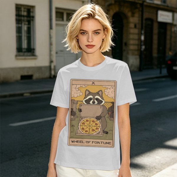 Raccoon Wheel of Fortune Tarot Pizza T-Shirt