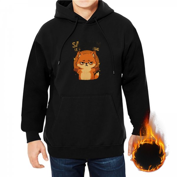 Black hoodie with sarcastic fox hug graphic print