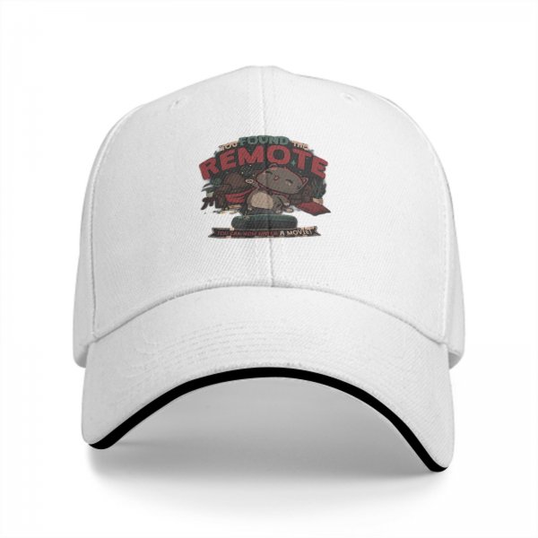 Black baseball cap with cat remote movie graphic print