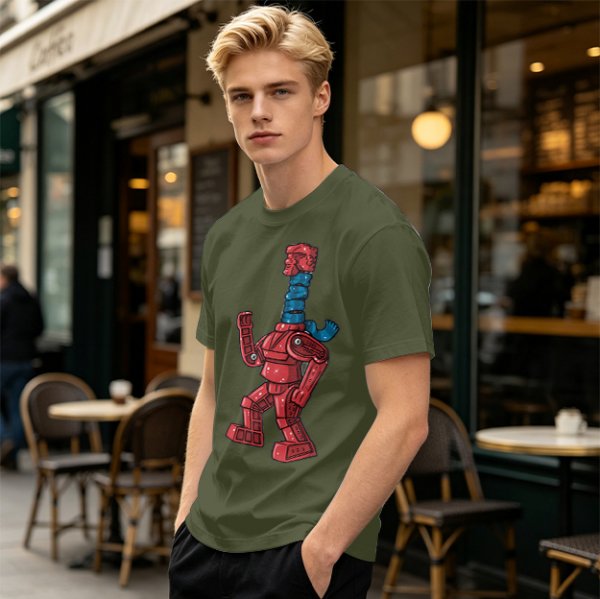 Olive Green T-Shirt with Retro Robot Graphic Print