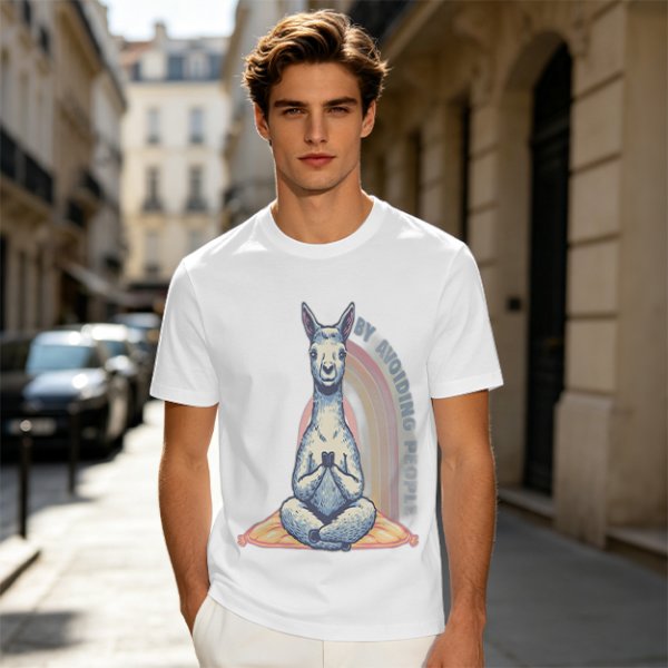Olive T-Shirt With Meditating Llama Rainbow Graphic