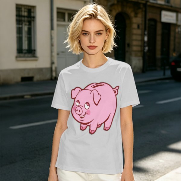 Olive Green T-Shirt With Cute Pink Piggy Bank Graphic Print