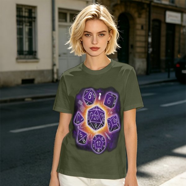 Olive T-Shirt With Glowing Dungeons & Dragons Dice Set Art