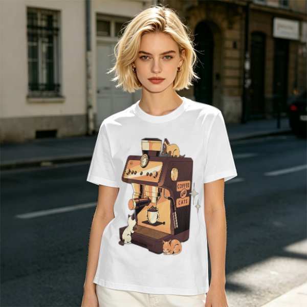 Olive t-shirt with espresso machine and cats graphic