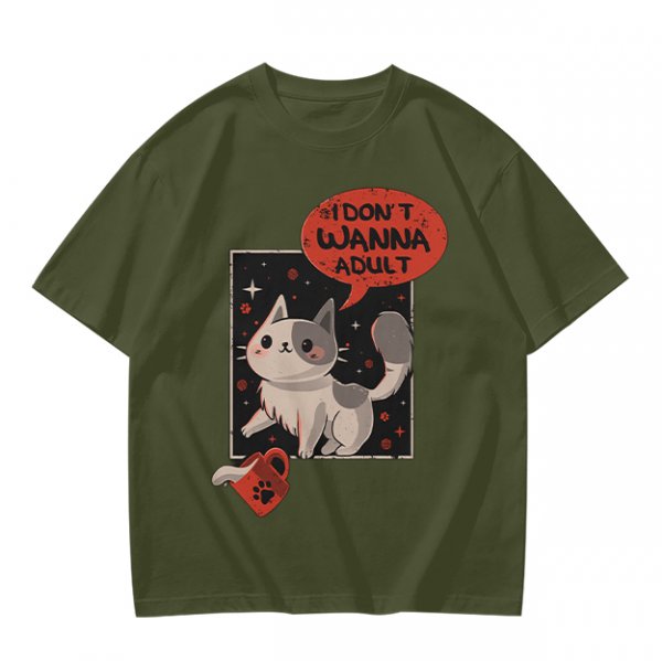 Olive cat graphic t-shirt with 'I don't wanna adult' print
