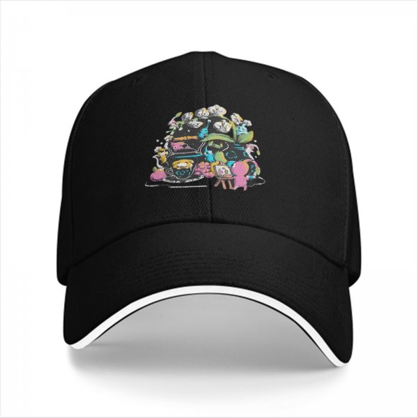 Black Baseball Cap With Whimsical Colorful Artwork Print