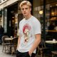 Olive green t-shirt with a cartoon cat eating instant ramen