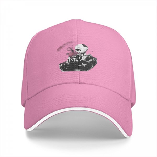 Black baseball cap with skeleton in coffin graphic