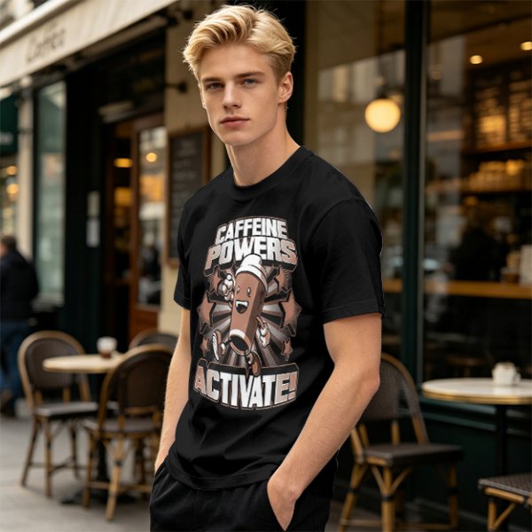 Caffeine Powers Activate! Cartoon Coffee T-Shirt Design