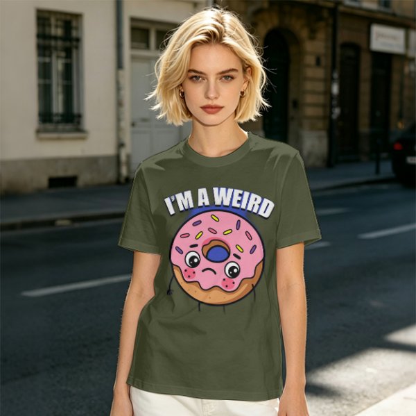 Olive green t-shirt with sad donut graphic and 'I'M A WEIRD' text