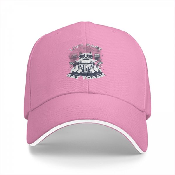 Black baseball cap with raccoon live fast eat trash graphic