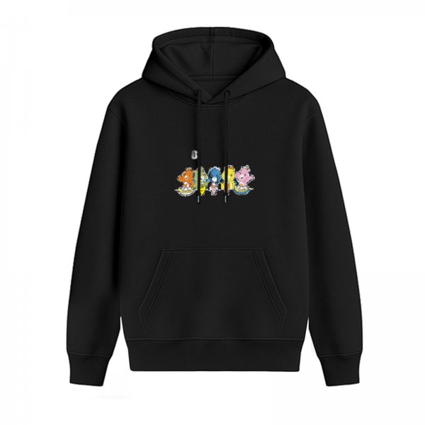 Black hoodie with colorful cartoon bear graphic print