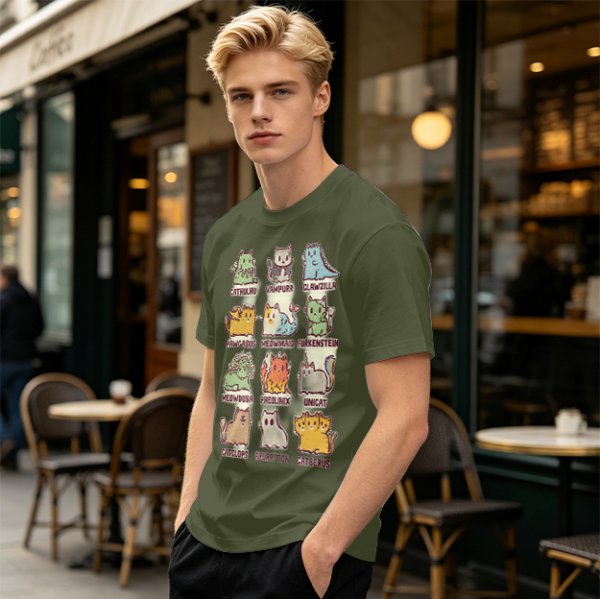 Olive green t-shirt with cute mythical monster cat graphic prints