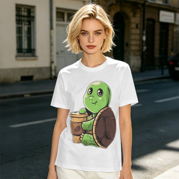 Olive Green T-Shirt With Cute Turtle Holding Coffee Cup Print