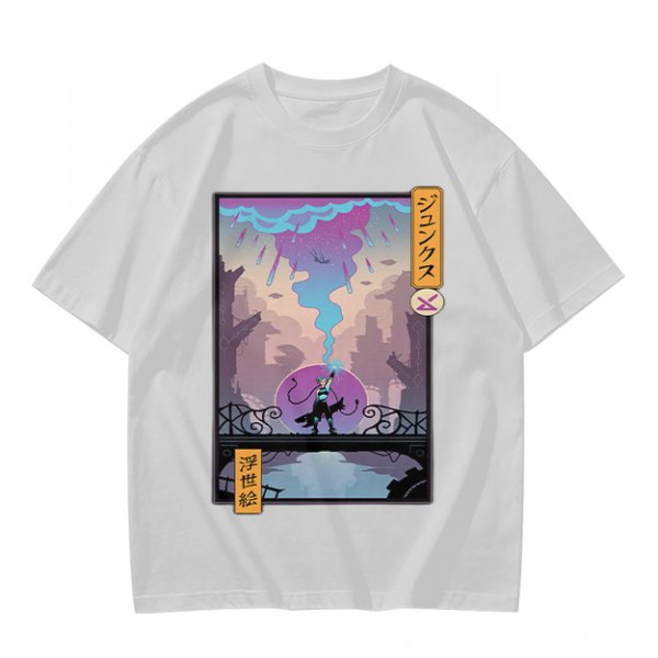 Olive T-shirt with Cyberpunk City Bridge Character Art Print