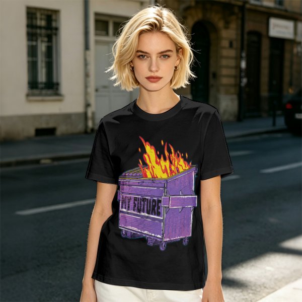 Olive T-Shirt With Burning Dumpster 'My Future' Graphic