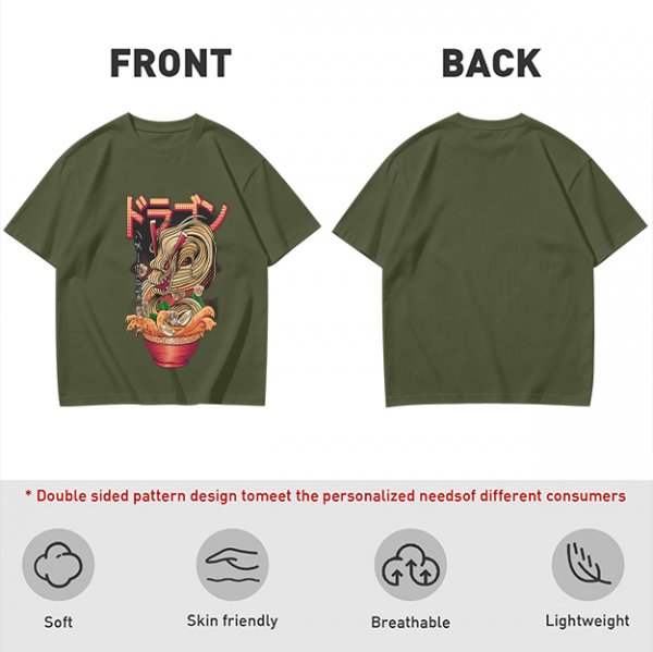 Olive T-Shirt with Japanese Ramen Dragon Graphic Print