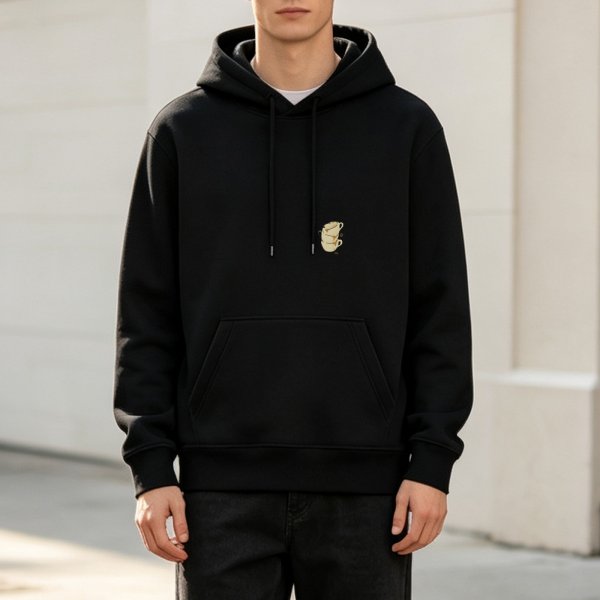 Black Hoodie With Stacked Teacup Embroidery Detail