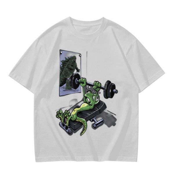 Olive T-shirt with cartoon lizard bench pressing weights in gym mirror