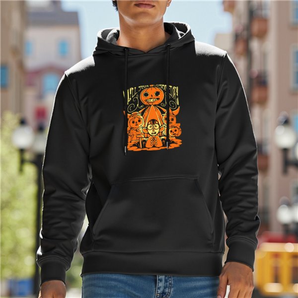Black hoodie with Halloween pumpkin and character graphic print