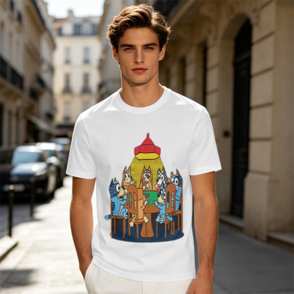 Olive green t-shirt with cartoon dogs playing poker under a hanging lamp