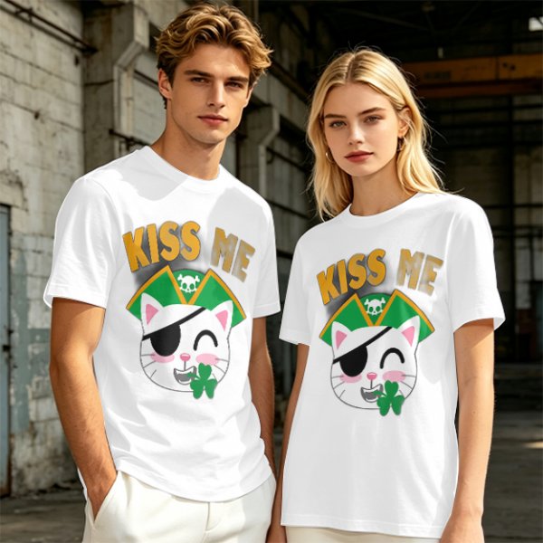 Kiss Me Pirate Cat Shamrock Graphic T-Shirt