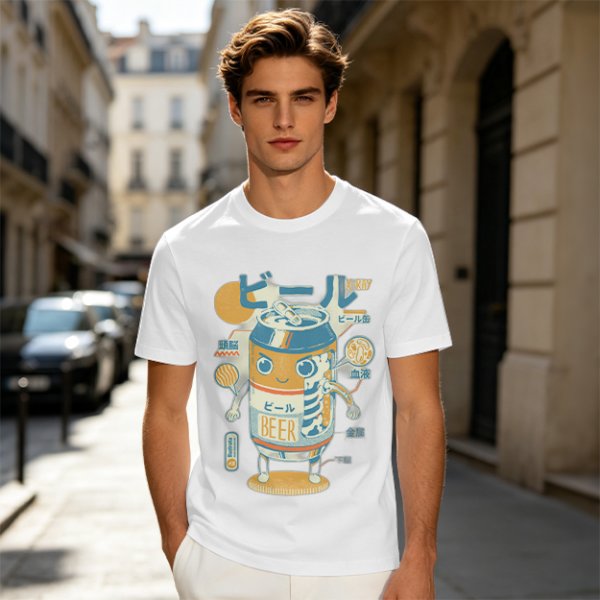 Olive T-Shirt With Kawaii Beer Can Robot Graphic