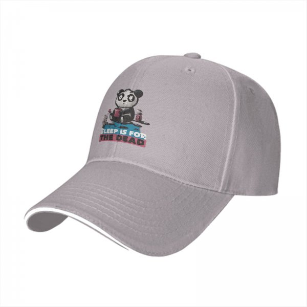 Black baseball cap with panda graphic and 'Sleep is for the dead' text