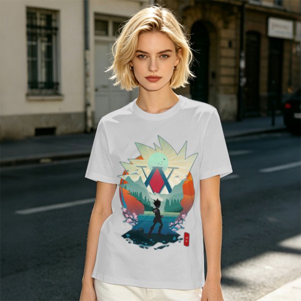 Hunter x Hunter Anime Graphic Tee with Sunset Landscape Art