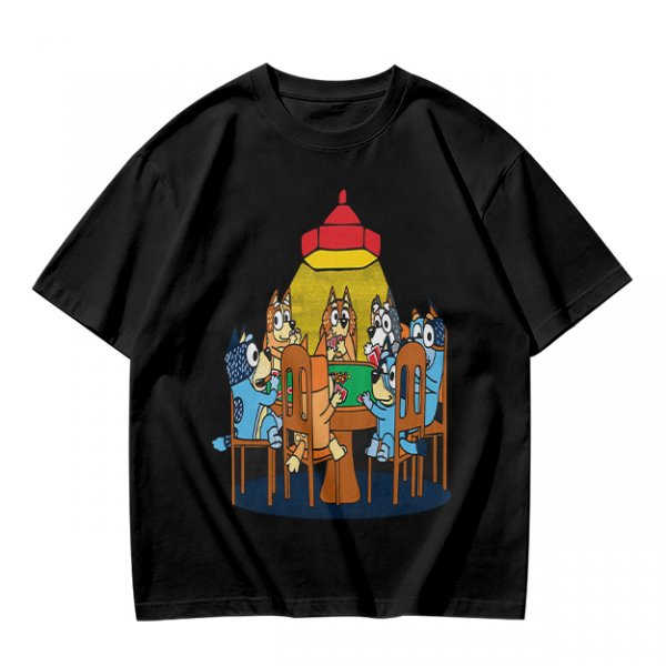 Olive green t-shirt with cartoon dogs playing poker under a hanging lamp