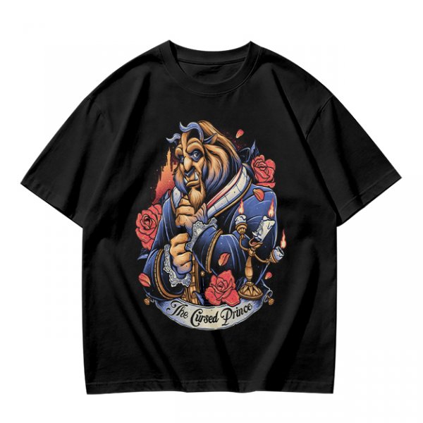 Olive T-shirt featuring The Cursed Prince Beast with roses and candelabra