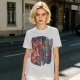 Olive T-shirt with 80s cartoon character crossover graphic