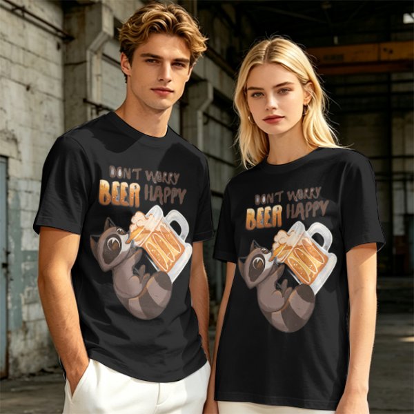Oversized olive t-shirt with raccoon drinking beer graphic
