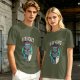 Olive green graphic t-shirt with grumpy cat holding New Year's resolutions