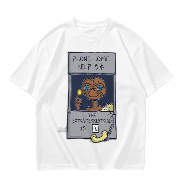Olive green t-shirt with E.T. phone home graphic print
