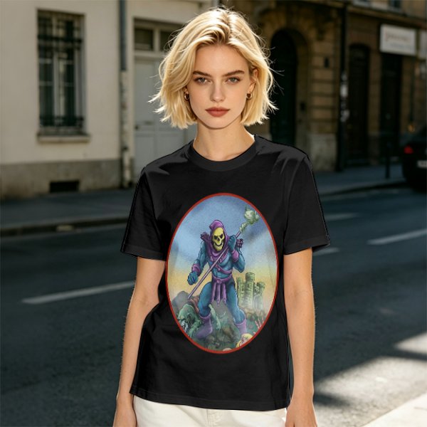 Olive T-Shirt Featuring Skeletor Holding His Havoc Staff