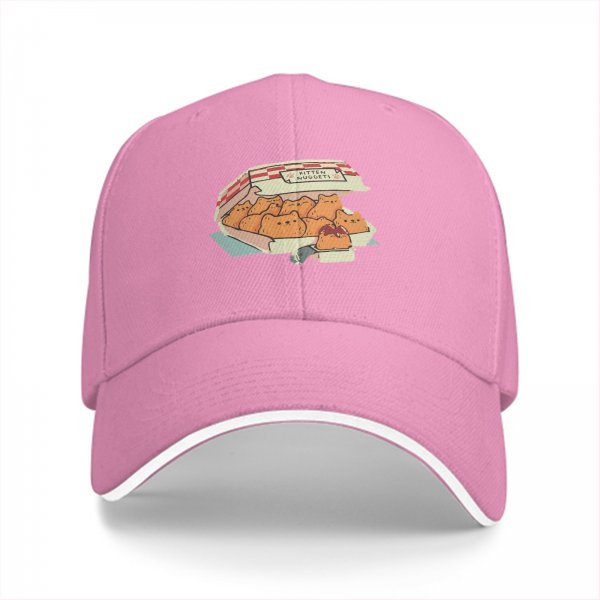 Black baseball cap with kitten nuggets takeout box graphic