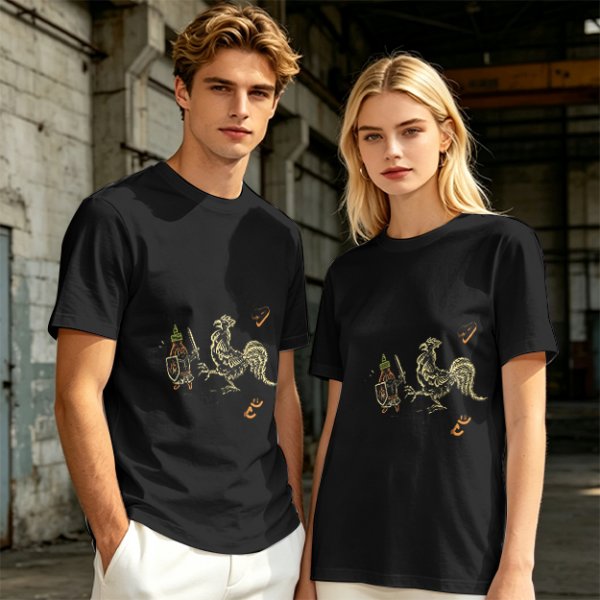 Olive Green T-Shirt With Knight Vs Rooster Fantasy Graphic Print