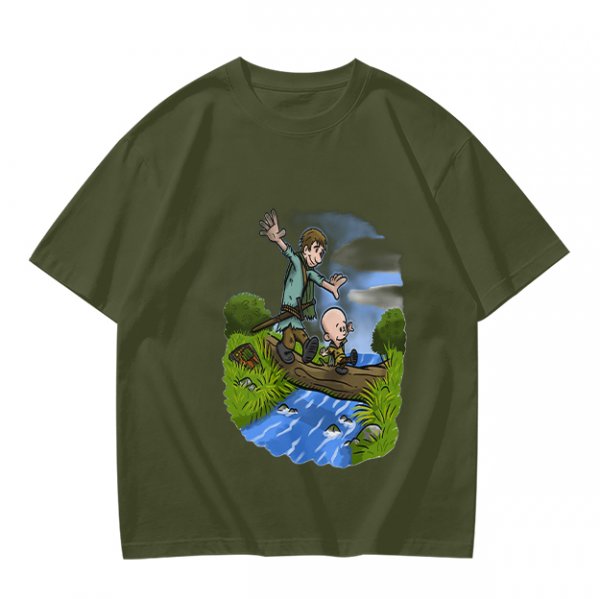 Olive T-shirt with Cartoon Boys Balancing on Log Over Stream