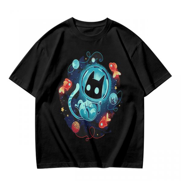 Olive t-shirt with space astronaut cat and goldfish graphic