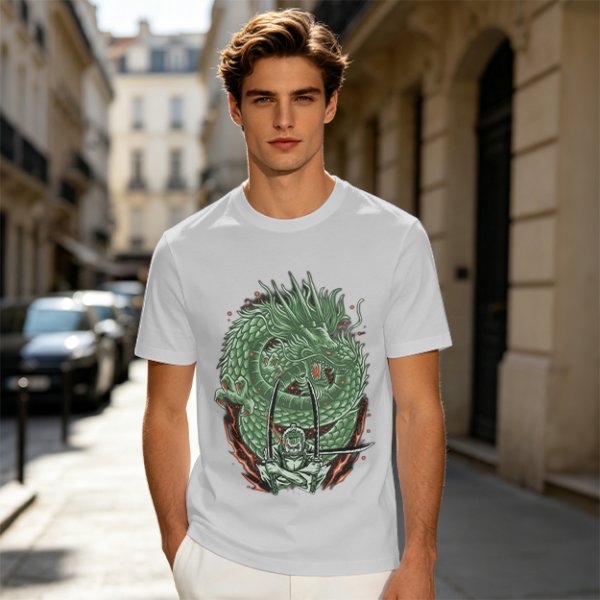 Olive T-shirt with Green Dragon and Samurai Warrior Graphic