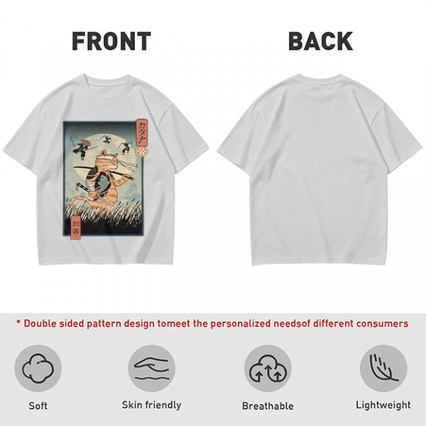 Samurai Cat Fighting Ninjas Ukiyo-e Style Graphic T-Shirt
