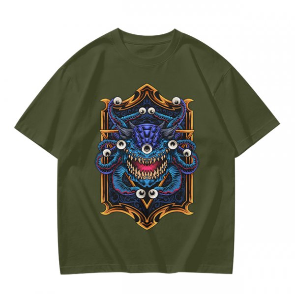 Olive T-Shirt With Fantasy Beholder Monster Graphic Print