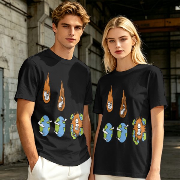 Olive Graphic Tee With Falling Cat Comets And Earth Artwork